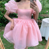 Woman Sweet Pink Fairy Dress Summer Vintage Elegant Square Collar Puff Sleeve Ball Gown Robe Korean Mini Princess Vestidos 0719