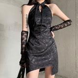 Graduation party  Gothic Halter Black Dresses Women High Waist Emo Alt Clothes Vintage Hollow Out Bodycon Dress Sexy Evening Wear Cheongsam