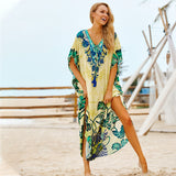 New Bohemian Printed V-Neck Half Sleeve Summer Beach Dress Green Cotton Tunic Women Beachwear Midi Dress Robe De Plage Q845