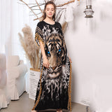 Elegant Tiger Printed Long Dreen  Women Summer Tassel Batwing Sleeve Dress Beach Wear Long Robe De Plage A925