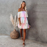 High Quality Bohemian Rainbow Slash Neck High Waist Summer Mini Dress Chiffon Tunic Women Sexy Off the Shouder Party Dress A451