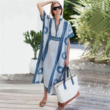 Elegant Quick-Drying Striped V-Neck Self Belted Summer Beach Dress Black Cotton Tunic Plus Size Women Beachwear Kaftan Q941