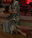 Elegant Quick-Drying Striped V-Neck Self Belted Summer Beach Dress Black Cotton Tunic Plus Size Women Beachwear Kaftan Q941