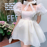 Woman Sweet Pink Fairy Dress Summer Vintage Elegant Square Collar Puff Sleeve Ball Gown Robe Korean Mini Princess Vestidos 0719