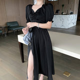 Midi Dress Women Elegant A-Line Korean Vintage Purple Chiffon Summer Woman  Dresses Party Square Collar Boho Vestidos