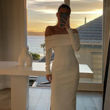 Elegant White Knitted Off Shoulder Maxi Dress Outfits For Women Autumn Backless Long Sleeve Solid Dresses Vestidos 0719