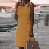 Office Lady Elegant Round Neck Sleeveless Party Dress Summer Women Vintage Solid Button Design Midi Dresses Casual Dress Vestido