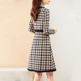 Vintage Dresses for Women Bird Lattice A-Line O-Neck Knitting Dress Button Female Winter Mini Woman Dress Autumn  Clothes
