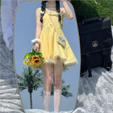 Summer Kawaii Lolita Strap Dress Women Patchwork Lace Japanese Sweet Cute Mini Dresses Yellow Plaid Fairy Tale Casual Dress