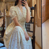 Vintage Floral Dress Women Elegant Lace Chiffon Korean Party Dress Puff Sleeve V Neck Midi Dress Fall Dresses For Women