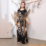 Elegant Tiger Printed Long Dreen  Women Summer Tassel Batwing Sleeve Dress Beach Wear Long Robe De Plage A925