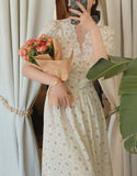 Vintage Floral Dress Women Elegant Lace Chiffon Korean Party Dress Puff Sleeve V Neck Midi Dress Fall Dresses For Women