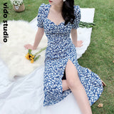 Midi Dress Women Elegant A-Line Korean Vintage Purple Chiffon Summer Woman  Dresses Party Square Collar Boho Vestidos