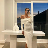 Elegant White Knitted Off Shoulder Maxi Dress Outfits For Women Autumn Backless Long Sleeve Solid Dresses Vestidos 0719