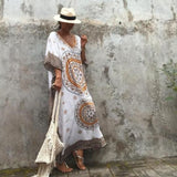 Women Summer Beach Dress Cotton Ethnic Print Kaftan Maxi Dress  Summer Loose Vintage Boho Beach Long Dress Vestidos Q393