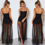 Summer Fashion Women Lace Long Dress Polka Dot Sleeveless Strap V-Neck Sundress Lady Mesh Sheer Ankle-Length Dresses Women Dress