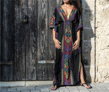 Summer Women Tunic Beach Wear Sexy Plunging Neck V Back Side Split Black Indie Folk Embroidery Kaftan Dress Vestidos Q645