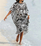 Elegant Quick-Drying Striped V-Neck Self Belted Summer Beach Dress Black Cotton Tunic Plus Size Women Beachwear Kaftan Q941