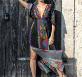 Summer Women Tunic Beach Wear Sexy Plunging Neck V Back Side Split Black Indie Folk Embroidery Kaftan Dress Vestidos Q645