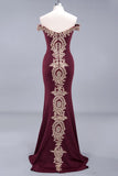 In Stock Mermaid Satin Wedding Party Dress Burgundy Long Lace Open Back Gold Lace Prom Gown Fashion Clothing Vestido De Festa