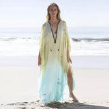 Sexy Gradient Deep V-Neck Tassel Batwing Sleeve Chiffon Plus Size Summer Maxi Dress For Women Casual Party Dresses A1001