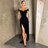Women Off Shoulder Velvet Corset Maxi Dress  Autumn Winter  Side Slit Bodycon Party Elegant Evening Festival Clothing