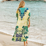 New Bohemian Printed V-Neck Half Sleeve Summer Beach Dress Green Cotton Tunic Women Beachwear Midi Dress Robe De Plage Q845