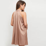 Women Solid Satin Loose Vintage Mini Dress Turtleneck Sleeveless Backless Hollow Back Elegant Dress  New Fashion Women Dress