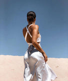 White Satin Dress Women Summer Sexy Deep V-Neck Backless Bandage Side Split Knee-Length Dress Woman Nightclub Party Dresses