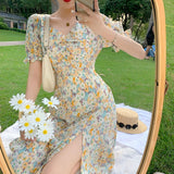 French Ruffle Dress Women Sexy Puff Sleeve Split Dress Office Lady Korean Style Summer Elegant Chiffon Fairy Dress