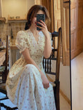 Vintage Floral Dress Women Elegant Lace Chiffon Korean Party Dress Puff Sleeve V Neck Midi Dress Fall Dresses For Women