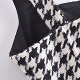 Women Vintage Tweed Houndstooth Backless Dress Female Fashion Party Casual Square Collar Slim Sling Mini Dresses