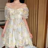 French Floral Dress Women Sexy Puff Sleeve Lace Chiffon Print Mini Dress Women Summer Korean Style Vintage Fairy Dress New