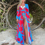 Halloween  Beach Dress Summer Floral Swimsuit Print Belt Bathing Suit Women Long Cover Up Off Shoulder Beachwear Bandeau Halt Swimsuit