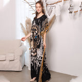Elegant Tiger Printed Long Dreen  Women Summer Tassel Batwing Sleeve Dress Beach Wear Long Robe De Plage A925