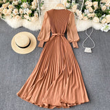 Autumn Fashion Streetwear Long Dress Design French Pleated Maxi Dress Women Elegant O Neck Long Sleeve A-Line Dress