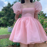 Woman Sweet Pink Fairy Dress Summer Vintage Elegant Square Collar Puff Sleeve Ball Gown Robe Korean Mini Princess Vestidos 0719
