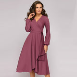 Christmas Gift Women Vintage Sashes A-Line Party Dress Long Sleeve V Neck Solid Elegant Casual Beach Dress  Summer New Fashion Dress