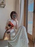 Vintage Floral Dress Women Elegant Lace Chiffon Korean Party Dress Puff Sleeve V Neck Midi Dress Fall Dresses For Women