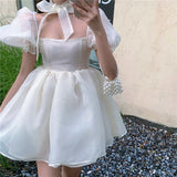 Woman Sweet Pink Fairy Dress Summer Vintage Elegant Square Collar Puff Sleeve Ball Gown Robe Korean Mini Princess Vestidos 0719