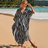 Sexy Zebra Striped Beach Dreen Casual V-Neck Side Split Summer Batwing Sleeve Beach Dress Women Beach Long Robe De Plage Q1297