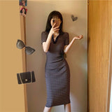 Women Dress Knitting Spring Autumn Sheath Knee-Length Plaid Short Empire Turn-Down Collar Girls Dress Preppy Style Sweet
