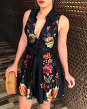 Sexy Deep V-Neck Shirt Dress Women Summer New Sleeveless Chain Print Midi Dresses Laides Lace Up Party Dresses Clubwear