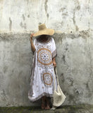 Women Summer Beach Dress Cotton Ethnic Print Kaftan Maxi Dress  Summer Loose Vintage Boho Beach Long Dress Vestidos Q393