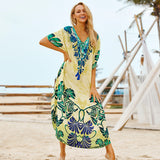 New Bohemian Printed V-Neck Half Sleeve Summer Beach Dress Green Cotton Tunic Women Beachwear Midi Dress Robe De Plage Q845