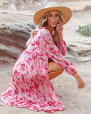 Sweet Pink Print Long Sleeve Front Open Vocation Midi Dress Pink Tunic Women Beach Wear Swim Suit Dresses A990