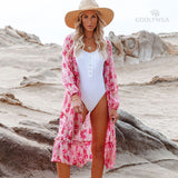 Sweet Pink Print Long Sleeve Front Open Vocation Midi Dress Pink Tunic Women Beach Wear Swim Suit Dresses A990