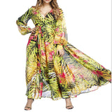 Halloween  Beach Dress Summer Floral Swimsuit Print Belt Bathing Suit Women Long Cover Up Off Shoulder Beachwear Bandeau Halt Swimsuit