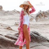 Sweet Pink Print Long Sleeve Front Open Vocation Midi Dress Pink Tunic Women Beach Wear Swim Suit Dresses A990