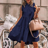 Women Summer Ruffled Casual Dress Loose O-Neck Sleeveless Solid Color Stitching Pullover Dress  New Retro Mini Dress